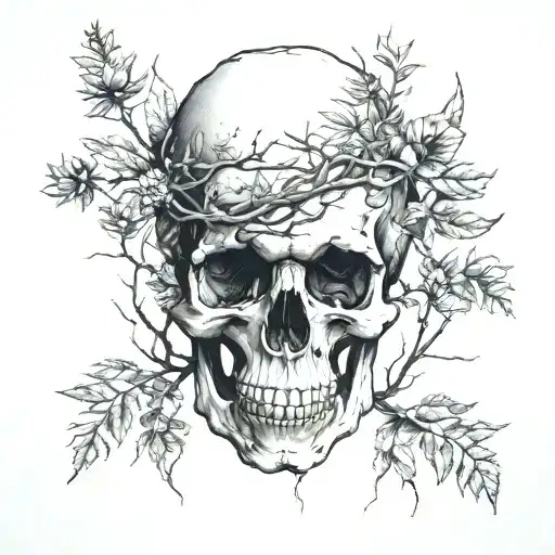 I want a cracked skull with a forest growing out of it using only diffrent types of plants native to lebanon tattoo design idea