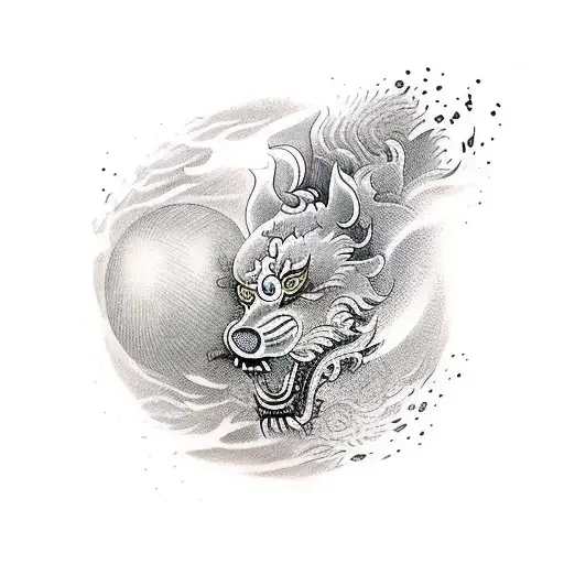 Foo Dog chasing a ball tattoo design idea