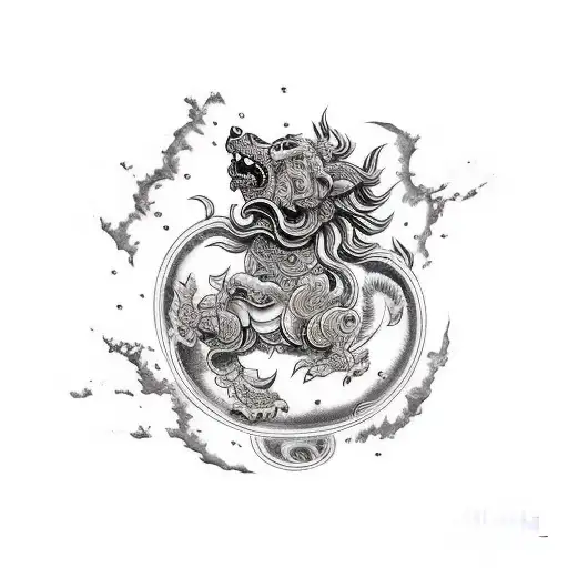 Foo Dog chasing a ball tattoo design idea