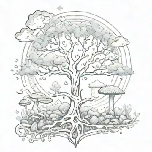 crystals, mushrooms and tree of life with aurora borealis tattoo design idea