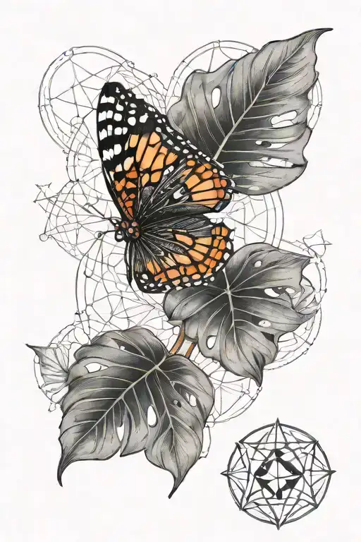 symetrical red admiral butterfly with monstera leaves with some sacred geometry in the background tattoo design idea