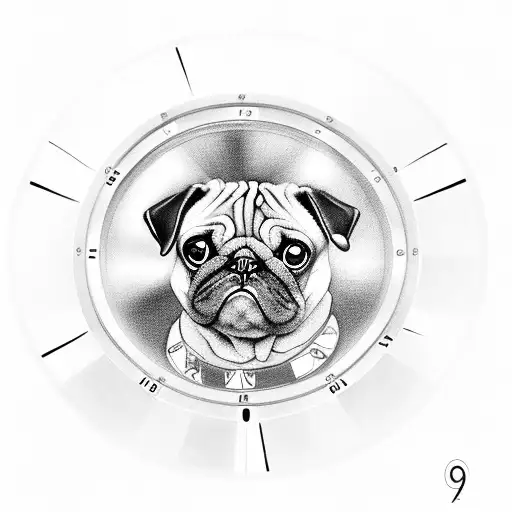 A pug sitting on a roulette wheel with the numbers 8, 11, 0, and 29 tattoo design idea