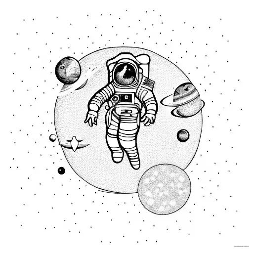 an astronaut floating with planets and stars with a moon to go on the forearm tattoo design idea