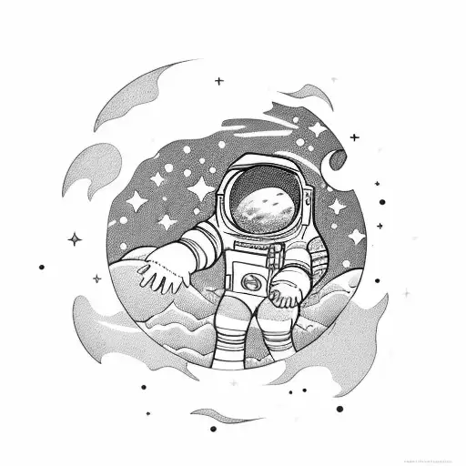an astronaut floating with planets and stars with a moon to go on the forearm tattoo design idea