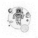 an astronaut floating with planets and stars with a moon to go on the forearm tattoo design idea