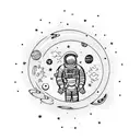 an astronaut floating with planets and stars with a moon to go on the forearm tattoo design idea