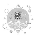 an astronaut floating with planets and stars with a moon to go on the forearm tattoo design idea