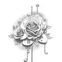 A dotwork tattoo of a piano keyboard with roses growing out of the keys tattoo design idea