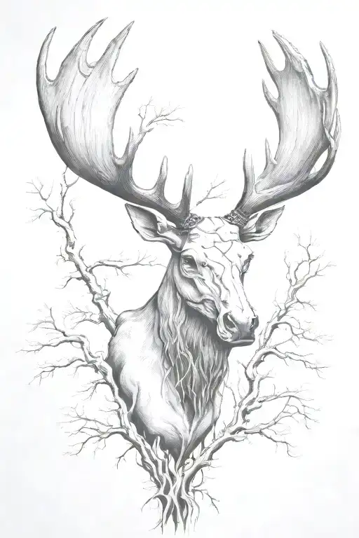 realistic moose skull with skinny tree roots tattoo design idea