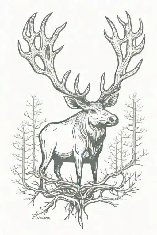 moose antler with arrows and skinny tree roots tattoo design idea