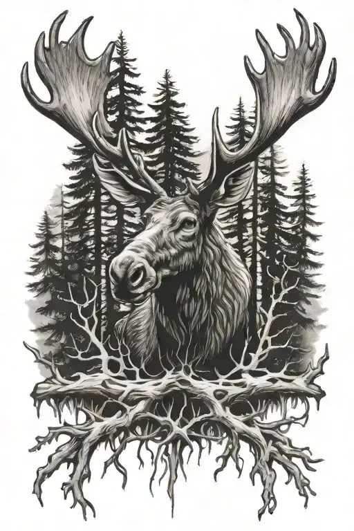 moose antler with tree roots tattoo design idea