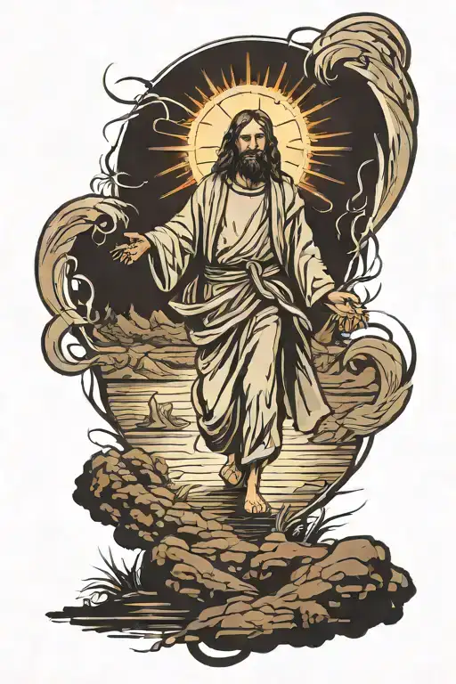 person walking though the dark into light shinning with Jesus  tattoo design idea