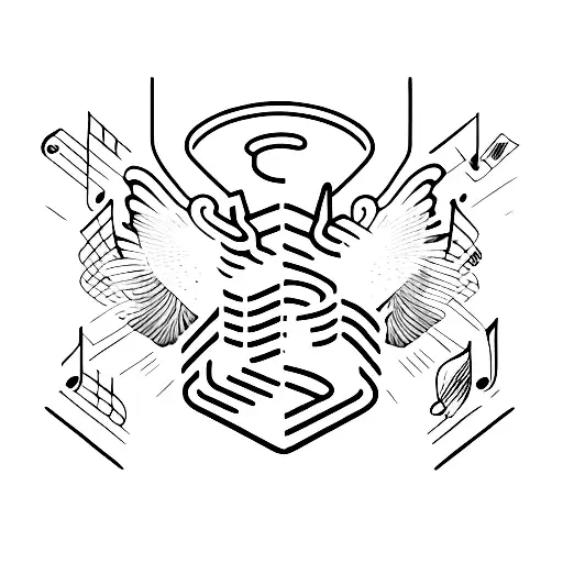 A portrait of Faker, the famous e-sports player, surrounded by musical notes and soccer symbols tattoo design idea