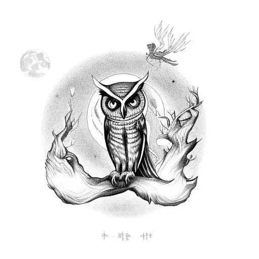 A group of friends partying under a full moon with an owl on a dragon tattoo design idea