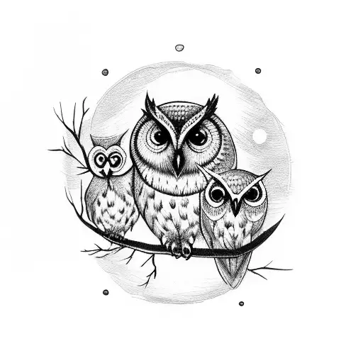 A group of friends partying under a full moon with an owl perched on a branch nearby tattoo design idea