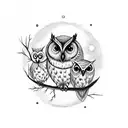 A group of friends partying under a full moon with an owl perched on a branch nearby tattoo design idea