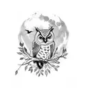 A group of friends partying under a full moon with an owl perched on a branch nearby tattoo design idea