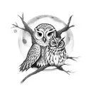 A group of friends partying under a full moon with an owl perched on a branch nearby tattoo design idea