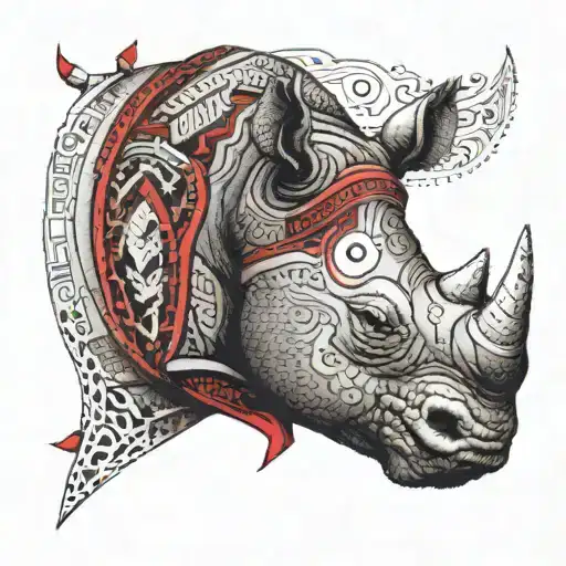 A detailed rhino head with red horns and tribal patterns surrounding it tattoo design idea