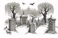 cemetary with weeping willow tree, snow owl, swarm of bats and gothic gates tattoo design idea