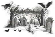 cemetary with weeping willow tree, snow owl, swarm of bats and gothic gates tattoo design idea