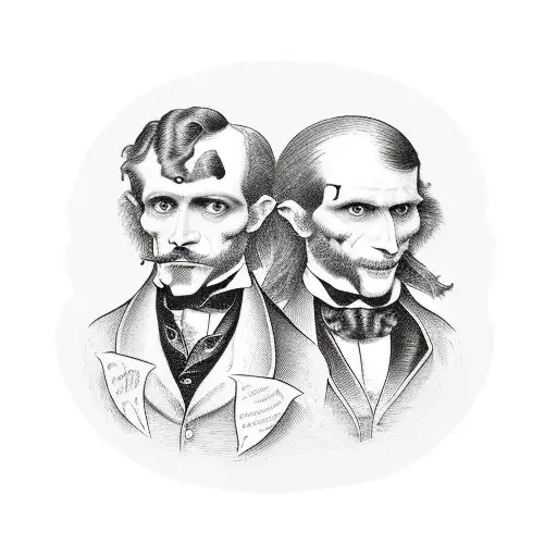 A macabre portrait of Dr Jekyll and Mr Hyde in a split-face design tattoo design idea