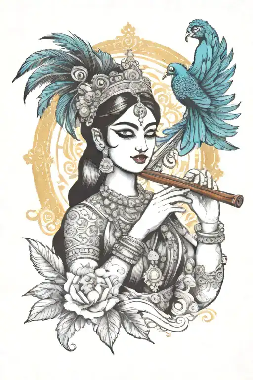 I want a tattoo on my hand. the tattoo should small. I idea is that I want lord Krishna with peacock feather and flute tattoo design idea
