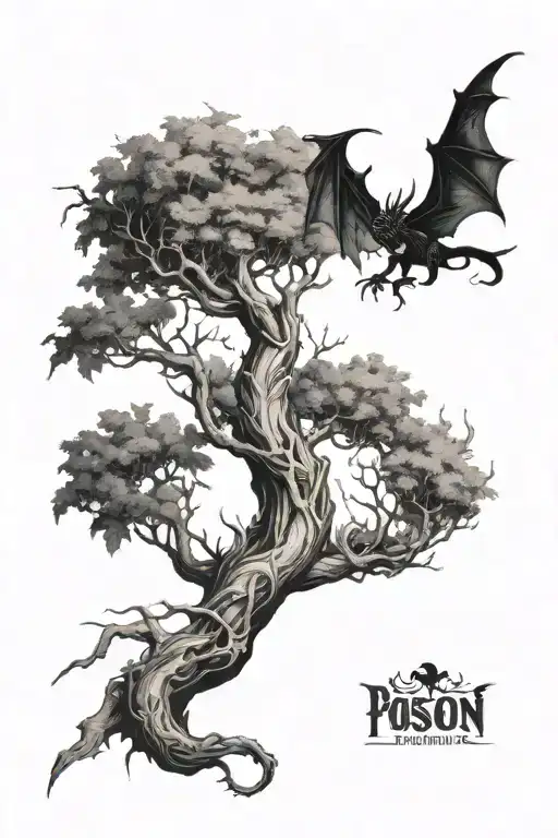 a poison tree with no leaf with a birthdate and a dragon flying tattoo design idea