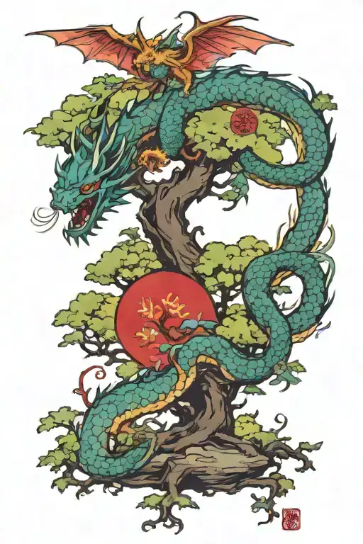 a poison tree and a dragon flying tattoo design idea