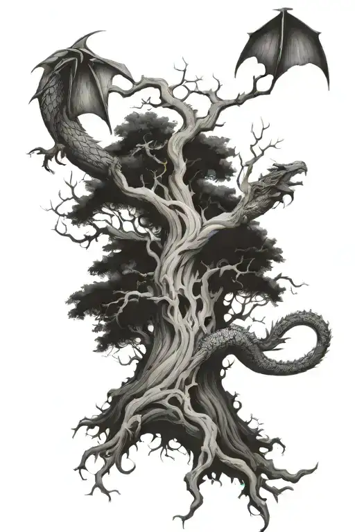 a poison tree with no leaf and a dragon flying around it tattoo design idea