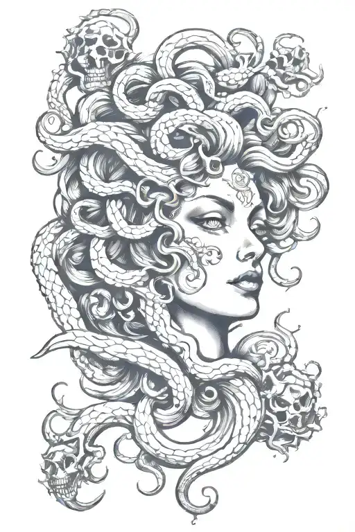Medusa head with medusas face half skull made tattoo design idea