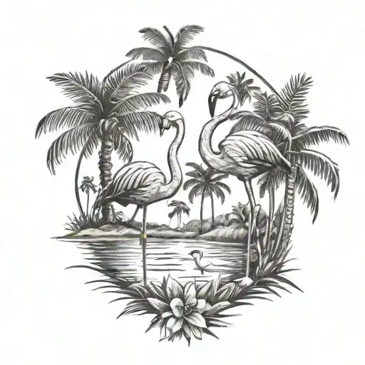 palm trees with flamingos  tattoo design idea