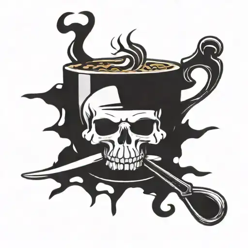 A steaming coffee cup with a skull and crossbones design on it tattoo design idea