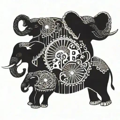 A whimsical tattoo design featuring a family of elephants playing musical instruments, with the mother elephant playing an accordion, surrounded by intricate blackwork patterns tattoo design idea