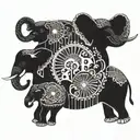 A whimsical tattoo design featuring a family of elephants playing musical instruments, with the mother elephant playing an accordion, surrounded by intricate blackwork patterns tattoo design idea