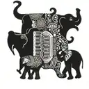 A whimsical tattoo design featuring a family of elephants playing musical instruments, with the mother elephant playing an accordion, surrounded by intricate blackwork patterns tattoo design idea