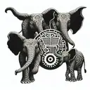 A whimsical tattoo design featuring a family of elephants playing musical instruments, with the mother elephant playing an accordion, surrounded by intricate blackwork patterns tattoo design idea