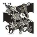 A whimsical tattoo design featuring a family of elephants playing musical instruments, with the mother elephant playing an accordion, surrounded by intricate blackwork patterns tattoo design idea