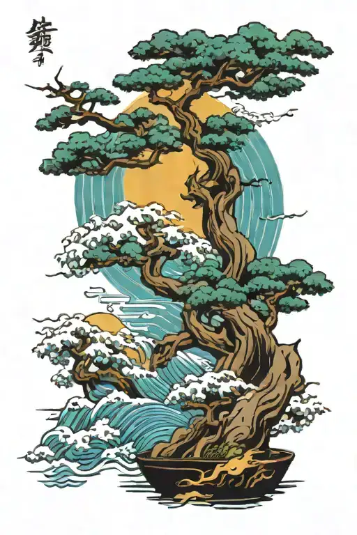 bonsai tree and waves and lightning bolt and sun tattoo design idea