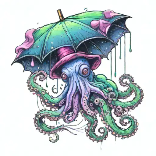 purple, blue, pink, and neon green octopus holding an unbrella while wearing a top hat while it is raining in the sky.  tattoo design idea