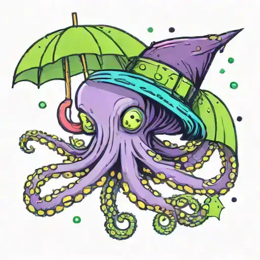 purple blue pink and neon green octopus holding an unbrella while wearing a top hat while it is raining in the sky.  tattoo design idea