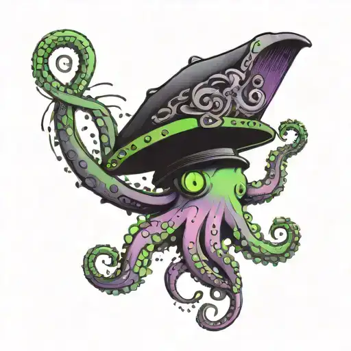 purple blue pink and neon green octopus holding an unbrella while wearing a top hat while it is raining in the sky.  tattoo design idea