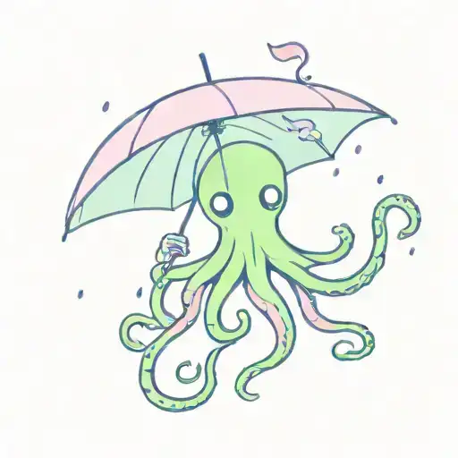 purple, blue, pink, and neon green octopus holding an unbrella while wearing a top hat while it is raining in the sky.  tattoo design idea