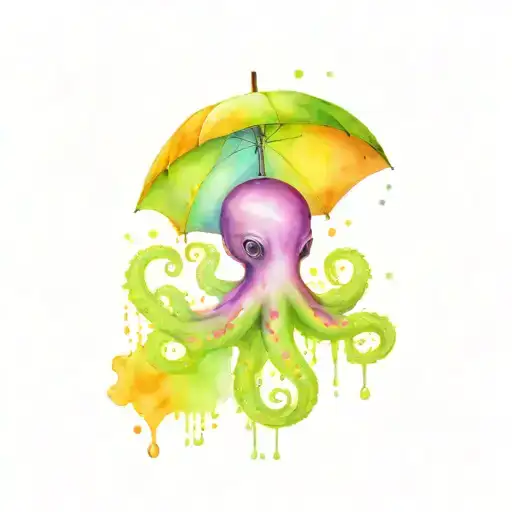 purple blue pink and neon green octopus holding an unbrella while wearing a top hat while it is raining in the sky.  tattoo design idea