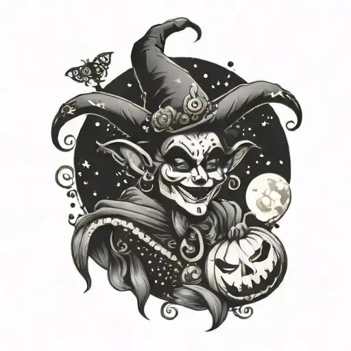 A whimsical masquerade jester dancing under a full moon surrounded by spooky Halloween elements tattoo design idea