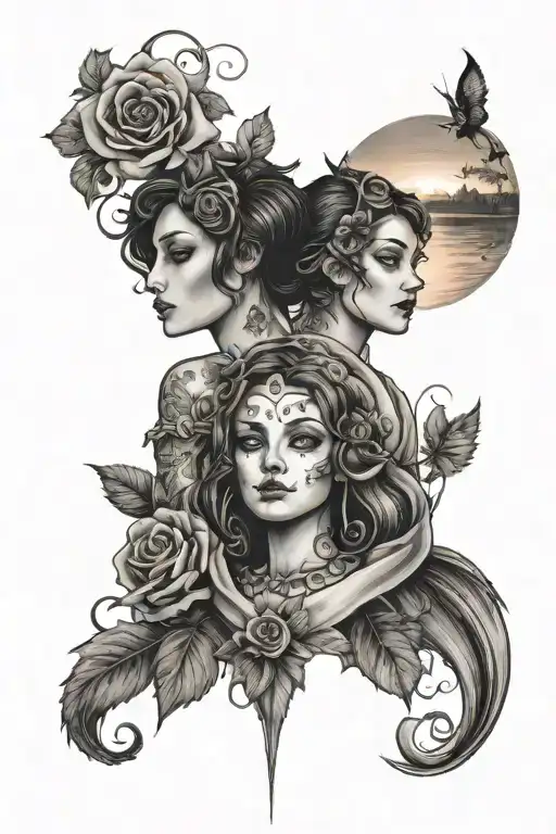 rose and jester admiring a sunset skyline tattoo design idea