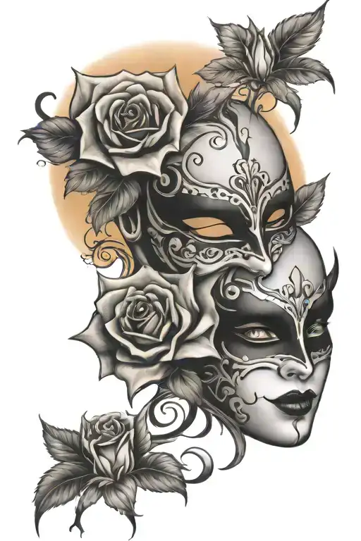 rose and jester mask admiring a sunset tattoo design idea