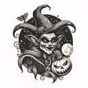 A whimsical masquerade jester dancing under a full moon surrounded by spooky Halloween elements tattoo design idea