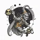 A whimsical masquerade jester dancing under a full moon surrounded by spooky Halloween elements tattoo design idea