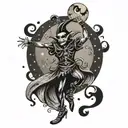 A whimsical masquerade jester dancing under a full moon surrounded by spooky Halloween elements tattoo design idea